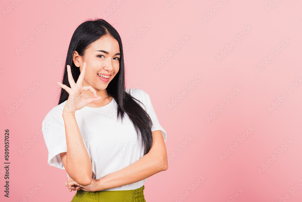 Portrait Asian beautiful young woman standing, She made finger OK symbol sign to agree side away looking at camera, studio shot isolated on pink background, Thai female agree hand sign copy space Portrait Asian beautiful young woman standing, She made finger OK symbol sign to agree side away looking at camera, studio shot isolated on pink background, Thai female agree hand sign copy space