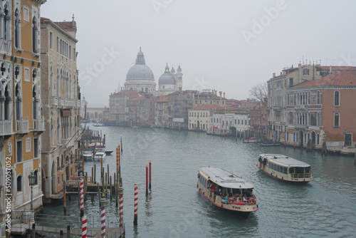 Fog in Venice. Canal Grande in Venice High Angle Aerial view. Public Transport Boat © Rabanser