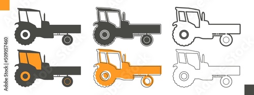 Agricultural machinery set. Vehicle for field farm work. Isolated industrial tractor transport icon collection. Different variants of the same tractor icon.