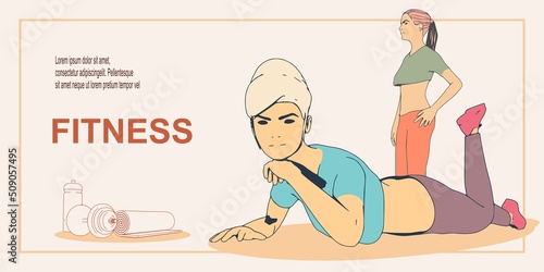 Two fitness women. Sport banner. Young women wearing workout clothes. Sport fashion girl outline in urban casual style.