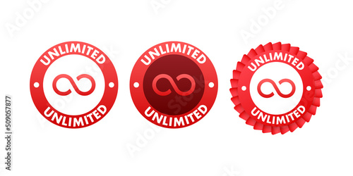 Red ribbon on Unlimited text on white background. Promotion sign. Vector stock illustration