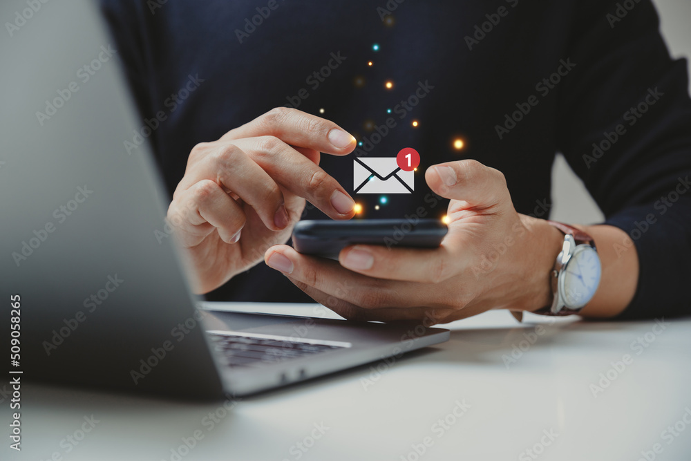 Hand of businessman using smartphone for email with notification alert, Online communication concept. - obrazy, fototapety, plakaty 