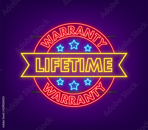 Flat banner with neon red lifetime warranty. Flat vector illustration character