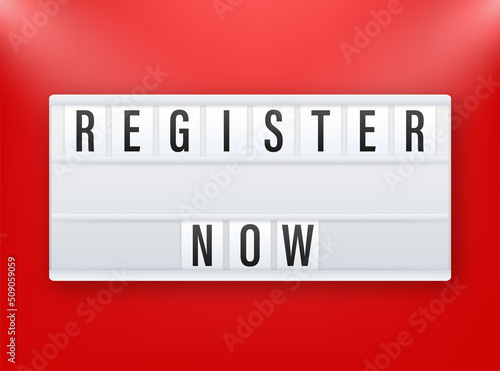 Lightbox label with register now. Megaphone banner. Web design. Vector stock illustration