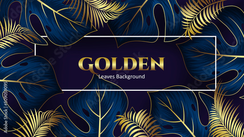 Elegant golden and blue tropical palm and monstera leaves floral background