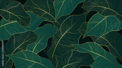 Abstract line art Golden banana leaves with green emerald background