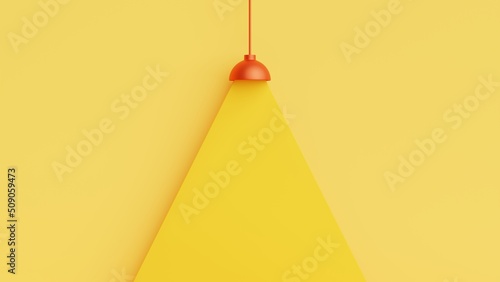 Red metallic lamp hanging and yellow light on yellow background.Minimal concept with empty space.3D rendering illustration.