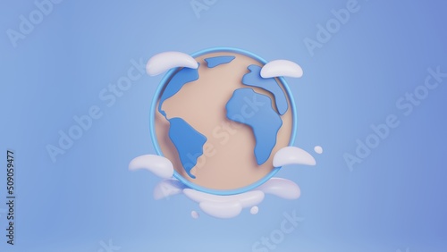 Earth Globe and Clouds.Eco product display banner template background.Minimal scene for mockup design. 3D rendering illustration.