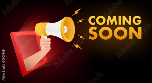 Megaphone label with coming soon. Megaphone banner. Web design. Vector stock illustration.
