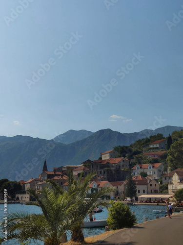 Daytime cityscape with sea and mountains in old town of Perast, Montenegro