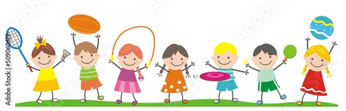 group of children, girls and boys, sports equipment, vector illustration