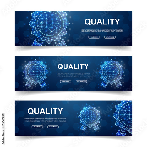 Set of three Award medal horizontal banners. Horizontal illustration for homepage design  promo banner. Approved low poly symbols with connected dots