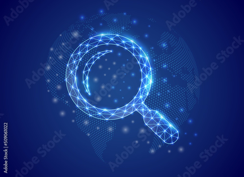 Magnifying glass 3d low poly symbol with world map background. Analysis tool concept design illustration. Loupe polygonal symbol with connected dots