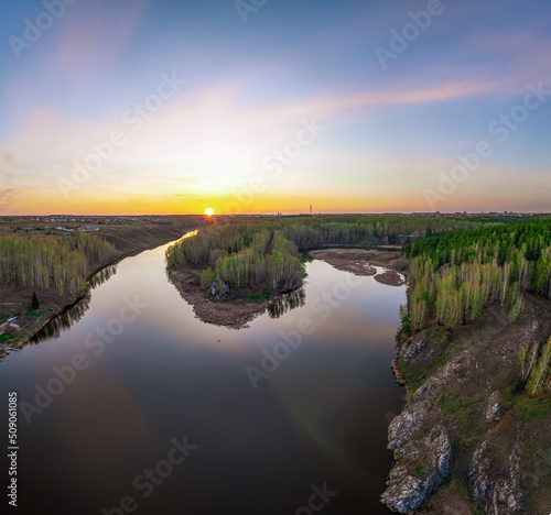 Confluence of the Iset and Kamenka rivers in the city Kamensk-Uralskiy. Iset and Kamenka rivers  Kamensk-Uralskiy  Sverdlovsk region  Ural mountains  Russia. Aerial view