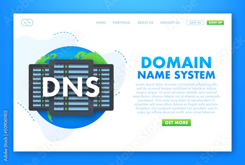 DNS Domain Name System Server. Global communication network concept. Web search concept. Vector illustration