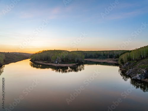 Confluence of the Iset and Kamenka rivers in the city Kamensk-Uralskiy. Iset and Kamenka rivers, Kamensk-Uralskiy, Sverdlovsk region, Ural mountains, Russia. Aerial view