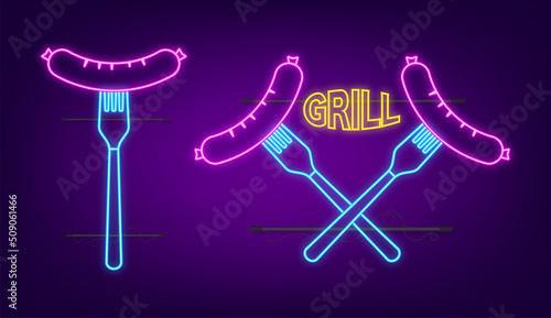 Cartoon grill sausage. Neon icon. Hand drawn vector illustration. Isolated icon set