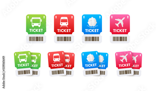 Travel tickets for bus, plane and train. Isolated subway and railway pass card. Isolated vector illustration