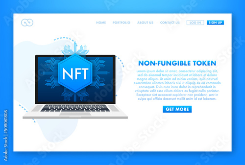 Flat illustration with nft laptop screen. Banner vector. Flat design. Vector design art