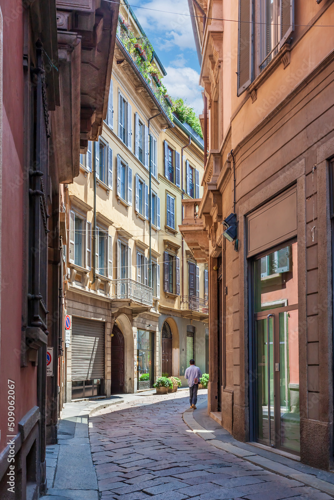 Street in the historic centre of Milan, Lombardy, italy