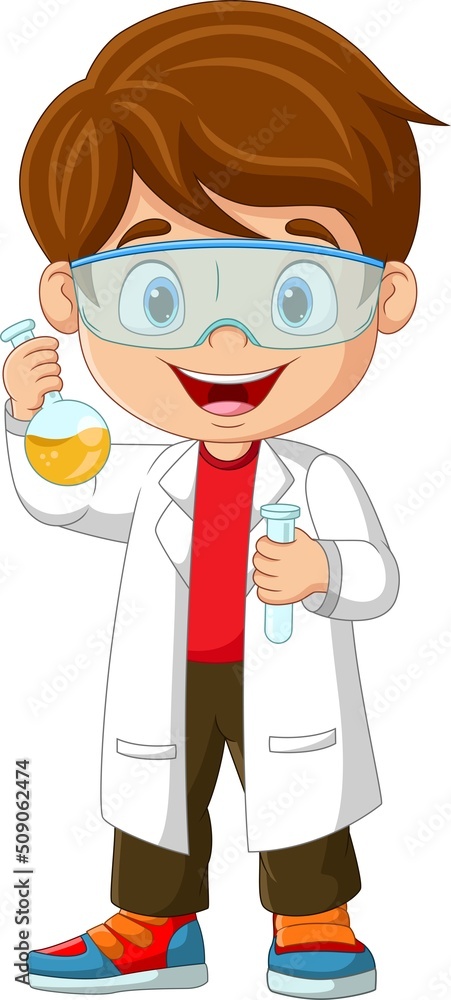 Cartoon boy scientist holding a flask and test tube Cartoon boy scientist holding a flask and test tube