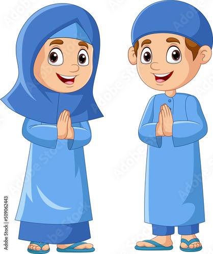Happy Muslim girl and boy cartoon