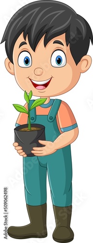 Cute little gardener holding plants in pot