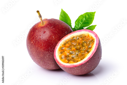  passion fruit with leaf on white photo
