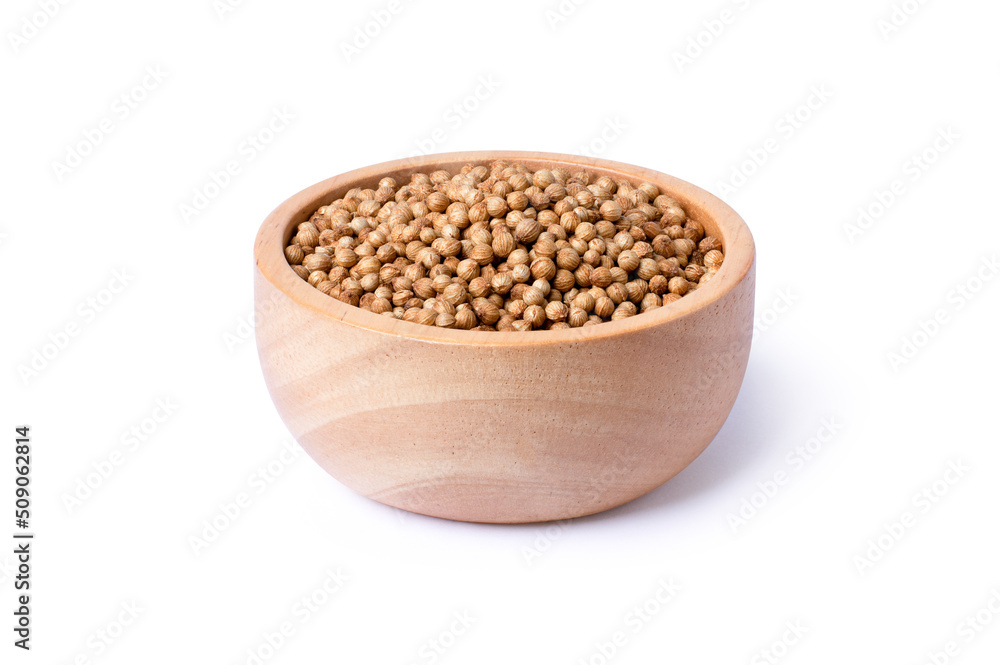 Coriander seeds in wooden bowl on a white background Coriander seeds in wooden bowl on a white background