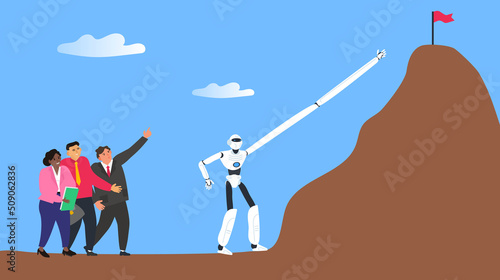 robot humanoid help  business people to get a flag on high mountain vector illustration 