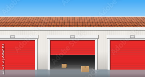 garage storage units with roller open door cardboard boxes vector illustration
