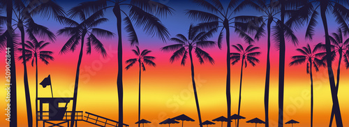 sunset on the beach palm trees  lifeguard tower umbrellas silhouettes  summer landscape panorama vector illustration