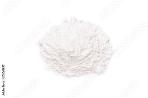 Pile of white powder isolated on white background. Top view. Flat lay.