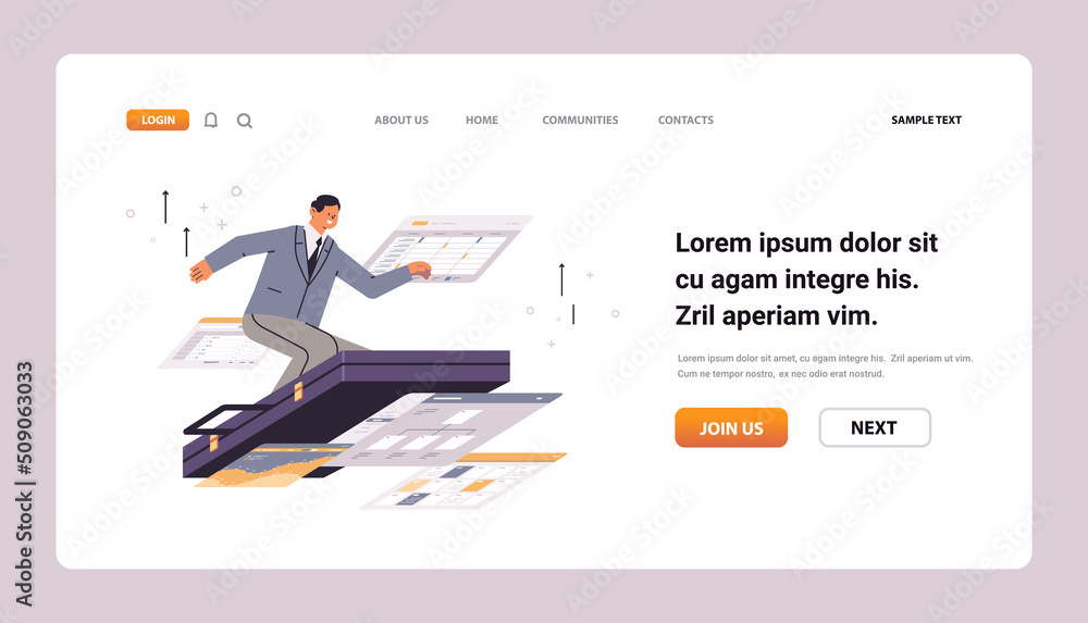 businessman flying on suitcase business man analyzing financial statistics data documents from finance department businessman flying on suitcase business man analyzing financial statistics data documents from finance department