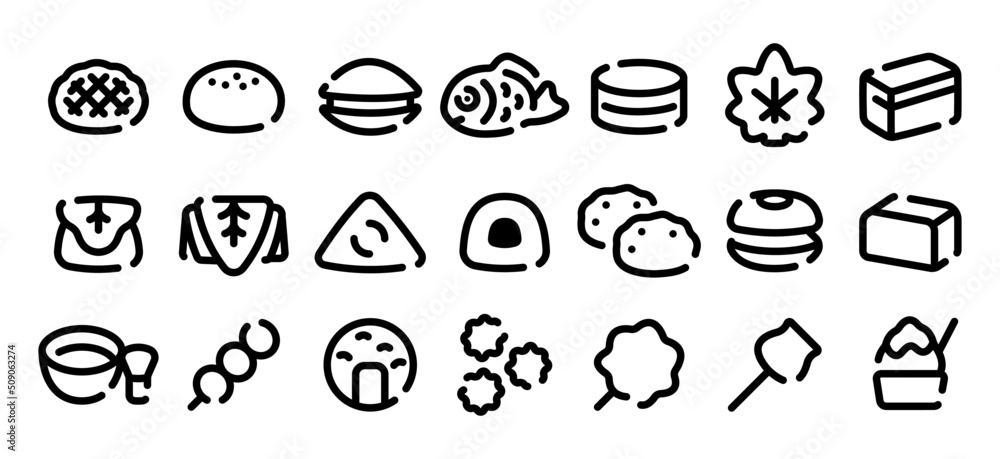 Japanese desserts and sweets icon set (Soft bold line version)