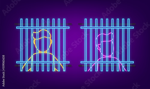 Prisoner silhouette front with police data board. Neon icon. Hand drawn black icon on white backdrop. Vector background
