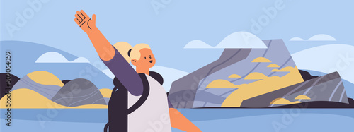 woman hiker waving hand hiking trip adventure active summer vacation hike journey concept