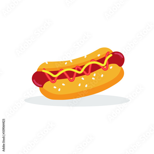 Hot dog with sausage, ketchup, mustard and sesame seed bun. Flat illustration vector isolated flat fast food illustration for posters, menus, brochures, web and fastfood icons.