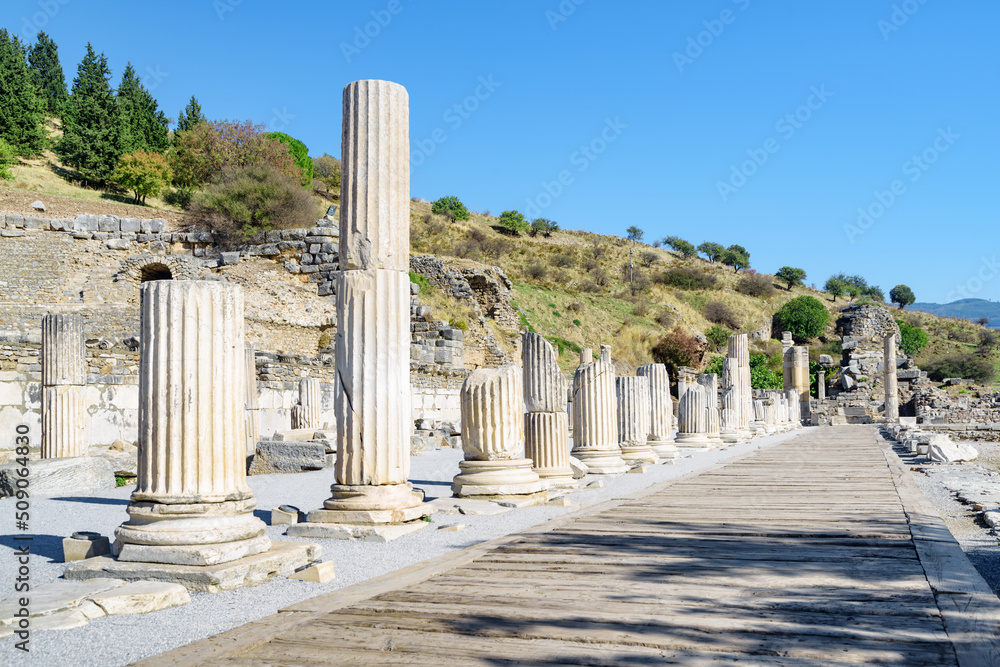 Awesome view of columns in Ephesus (Efes) at Turkey