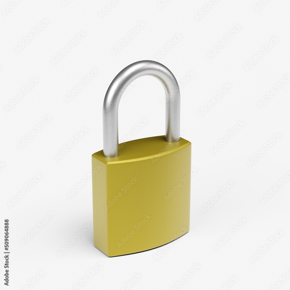 Golden locked lock on an isolated white background. 3D render illustration. Golden locked lock on an isolated white background. 3D render illustration.