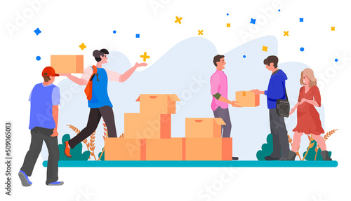 volunteers giving help boxes to refugee humanitarian aid material assistance governmental help stop war in Ukraine