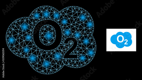 Flare mesh oxigen cloud constellation icon with lightspots. Illuminated vector constellation based on oxigen cloud glyph. Sparkle frame polygonal oxigen cloud on a black background.