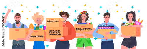 volunteers giving help boxes to refugee humanitarian aid material assistance governmental help stop war in Ukraine