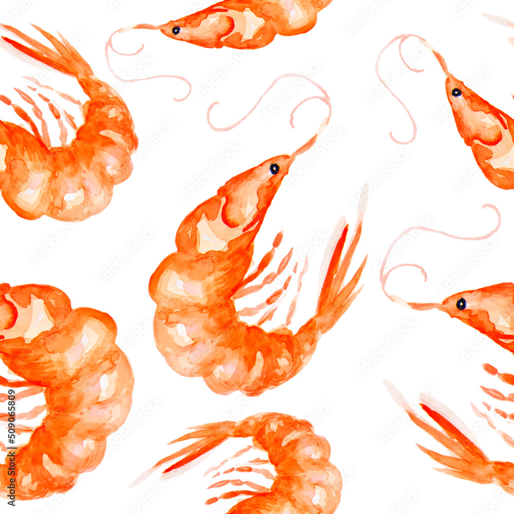 Watercolor Seamless pattern red shrimp on a white background. Watercolor Seamless pattern red shrimp on a white background.
