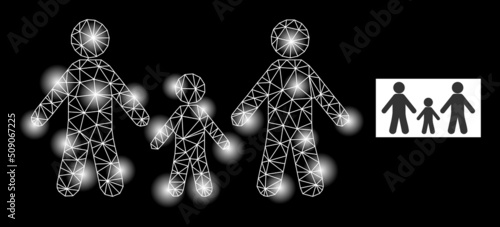 Glossy network family constellation icon with lightspots. Illuminated vector constellation is created from family icon. Sparkle carcass mesh family on a black background.