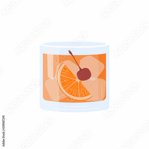 Old Fashioned Cocktail in glass with ice, orange slice and maraschino cherry. Whiskey on the rocks aperitif. Minimalistic trendy alcoholic beverage isolated on background. Vector flat illustration.