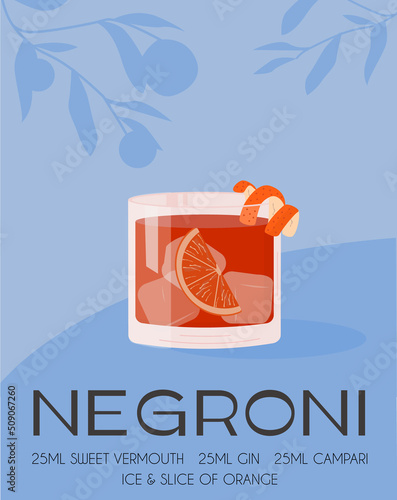 Negroni Cocktail in old fashioned glass with ice. Summer Italian aperitif retro poster. Elegant print, wall art with alcoholic beverage decorated with orange peel and citrus tree on background. Vector