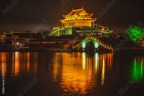 Ancient Dragon Pavilion Night Reflection Bridge Longting Park Kaifeng China