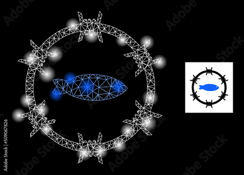 Bright mesh fish arrest glare icon with lightspots. Illuminated vector constellation based on fish arrest icon. Sparkle carcass mesh fish arrest on a black background.