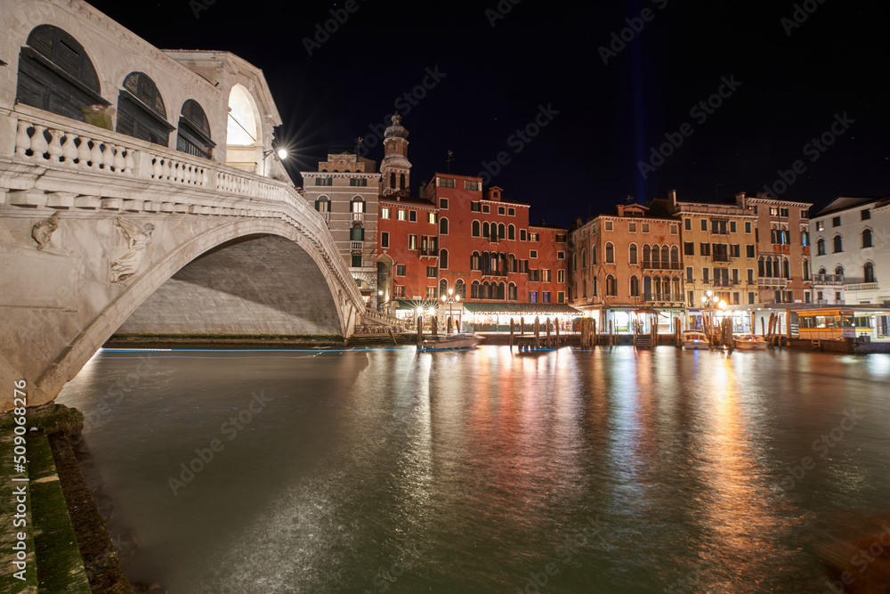Ponte Rialto in Venice at night. Long Exposure of Venice. Sightseeing in famous Italian City